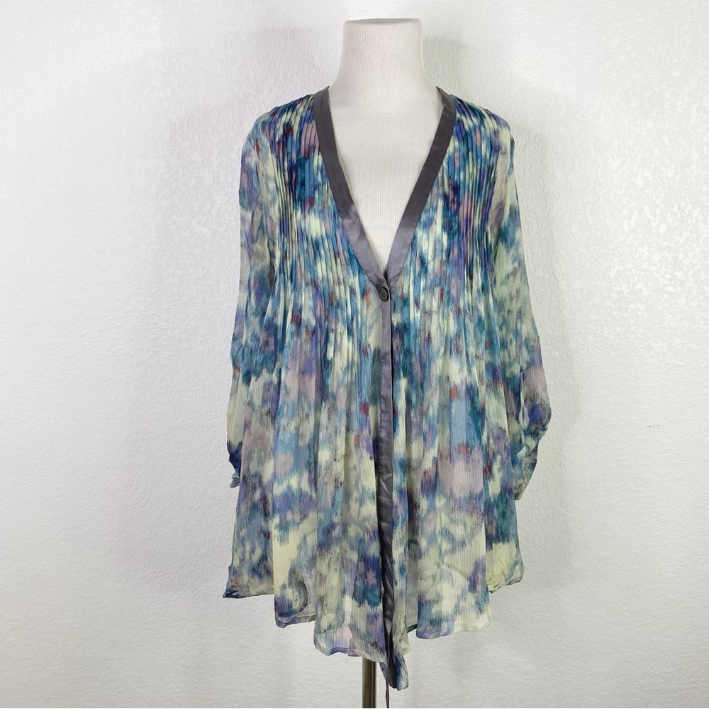 Elizabeth & James Blue Watercolor Floral 100% Silk Chiffon Blouse